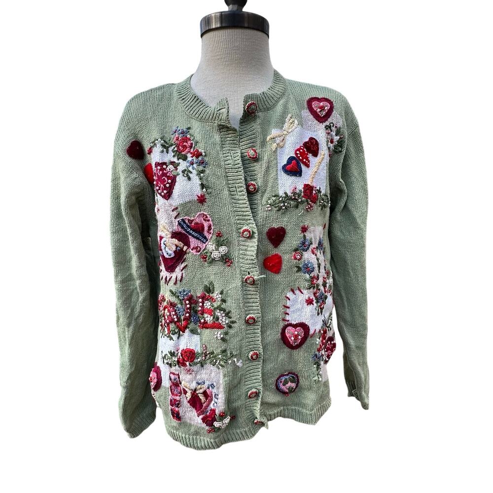 Heirloom collectibles vintage heart knit cardigan sweater green red size med